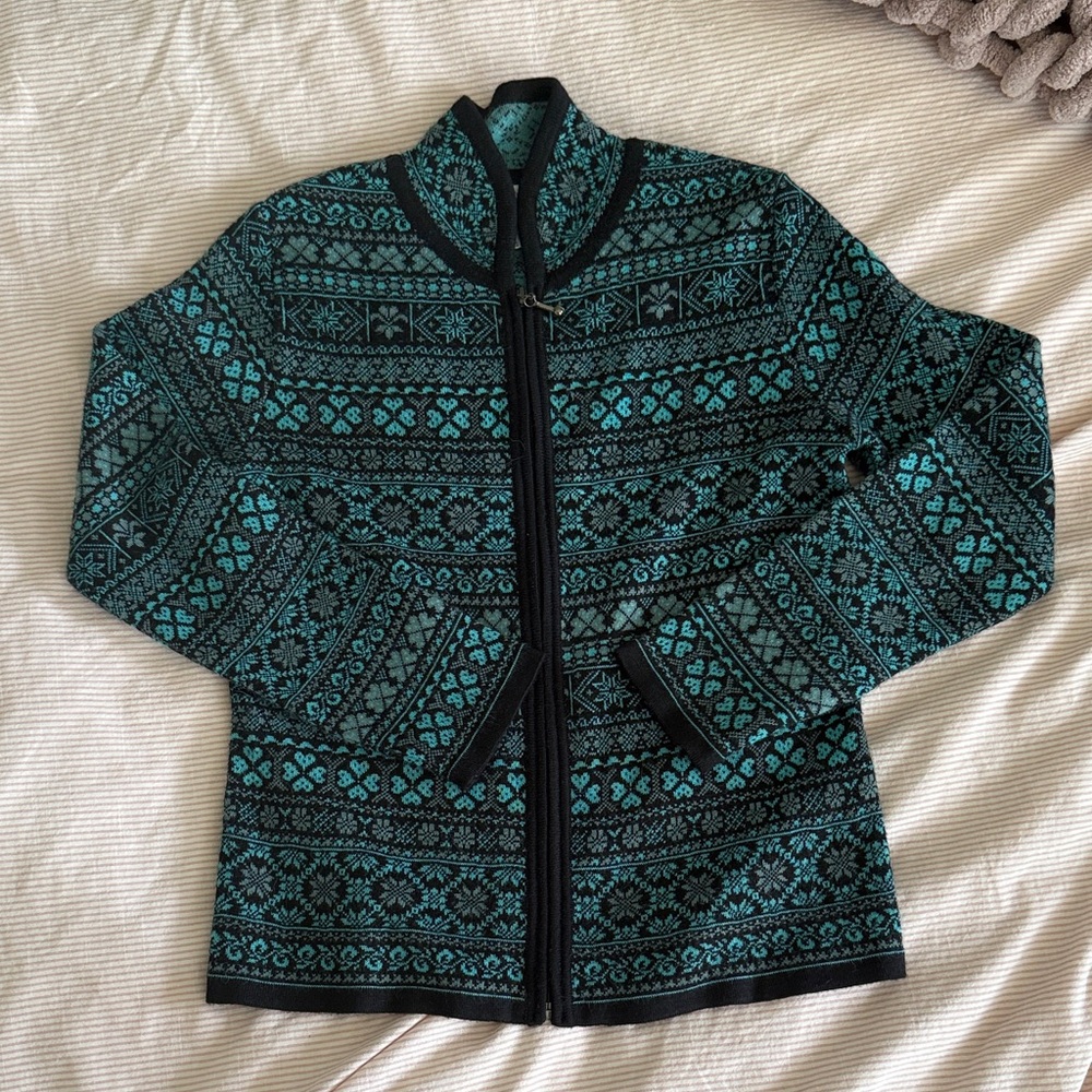Alpaca imports Black and Teal Patterned Jacket fair isle winter cute wool alpaca